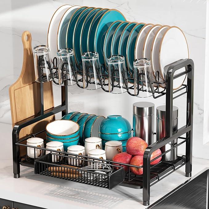 Dish Drying Rack and Drainboard Set, 2 Tier Stainless Steel Dish Rack for Kitchen Counter, Large Dish Strainer Organizers with Cups Holder, Utensil Holder, Black