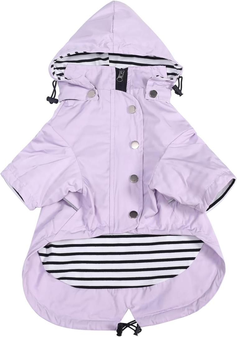 Morezi Dog Zip Up Raincoat with Reflective Buttons, Rain/Water Resistant, Adjustable Drawstring, Removable Hood, Raincoats with Legs 8lbs to 80lbs - Purple - L