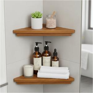 Wooden Corner Shower Shelf Triangular Corner Shelf Wooden Bathroom Shelf for Tiled Wall, 2 Pack Shower Corner Shelf, No Drilling Requied