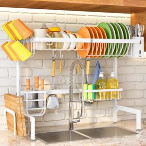 SNTD Over The Sink Dish Drying Rack - Adjustable Dish Rack for Kitchen Counter, Metal (White), Large