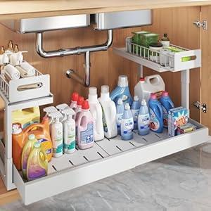 1 Pack-19"-32"W Expandable Under Sink Organizer With Upgrade Ball-Bearing Slide,2-Tier Pull Out Under Cabinet Organizer Height Adjustable,Not Suitable For Cabinets With Partitions In The Middle (White)