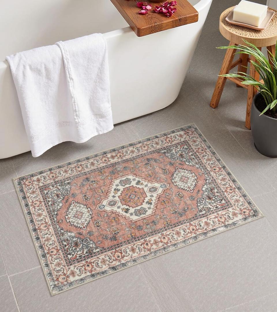 Seavish Vintage Bathroom Rugs, 18x26 Inch Boho Coral Soft and Absorbent Bath Mat, Small Non Slip Washable Plush Microfiber Bathroom Rug for Sink Shower Vanity, Oriental Toilet Rug