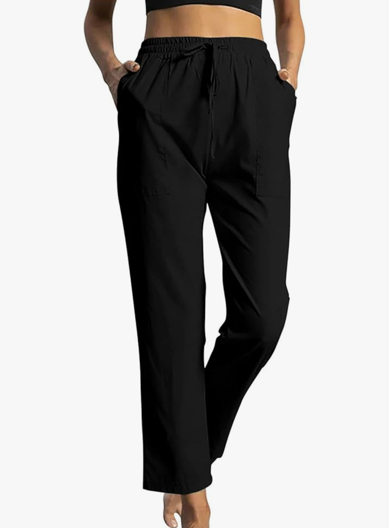 Linen Pants Women Drawstring Waist Linen Pants Solid Color Casual Linen Trousers with Pockets Summer Trendy Clothes, Size M, Black