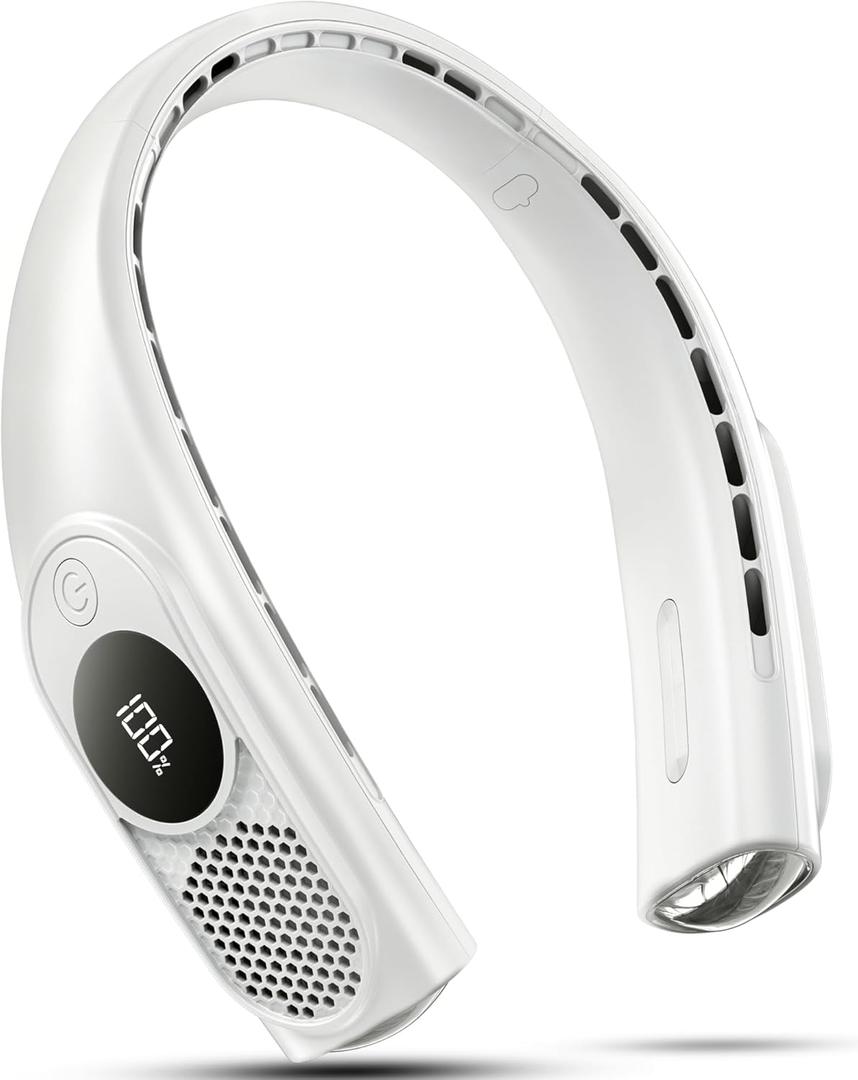 Portable Neck Fans that Blow Cold Air, Wearable Bladeless Neck Fan, Rechargeable 360Personal Fan Neck Cooler, 3-Speed, LED Display, 4000mAh, Type-C Port, For Travel, Outdoor, Birthday Gift for Women (White)