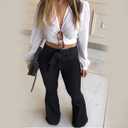 Pantete Womens High Waisted Bell Bottom Jeans Denim High Rise Flare Jean Pants with Wide Leg and Belt (Black, L)