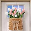 Spring Tulip Basket Wreaths for Front Door with 15 Artificial Tulip 19 Inch and Woven Floral Hanging Basket Pink White Flower Wreath for Spring Easter Wedding Rustic Farmhouse Window Porch Decor