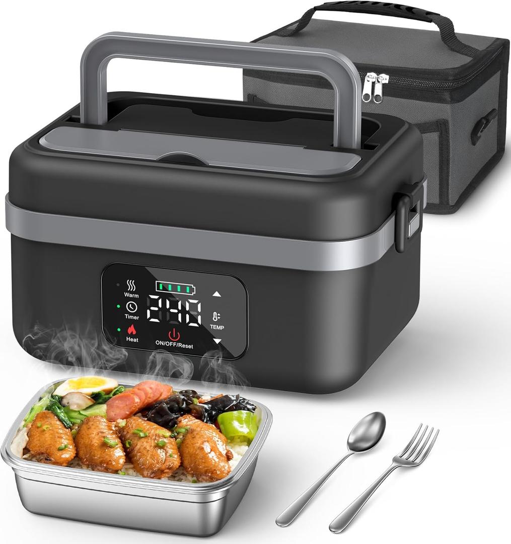 ODSD Cordless Electric Lunch Box for Adults, 16000mAh Rechargeable Self-Heating Lunch Box Food Warmers with Timer & Adjustable Heating, 34oz/1L Container with Insulated Bag for Office Car Outdoor (Black/Gray)