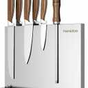 Magnetic Knife Block,Stainless Steel Magnetic Knife Holder Rack for Kitchen Counter,Strong Double Sided Magnet Knife Storage Stand with Wood Base
