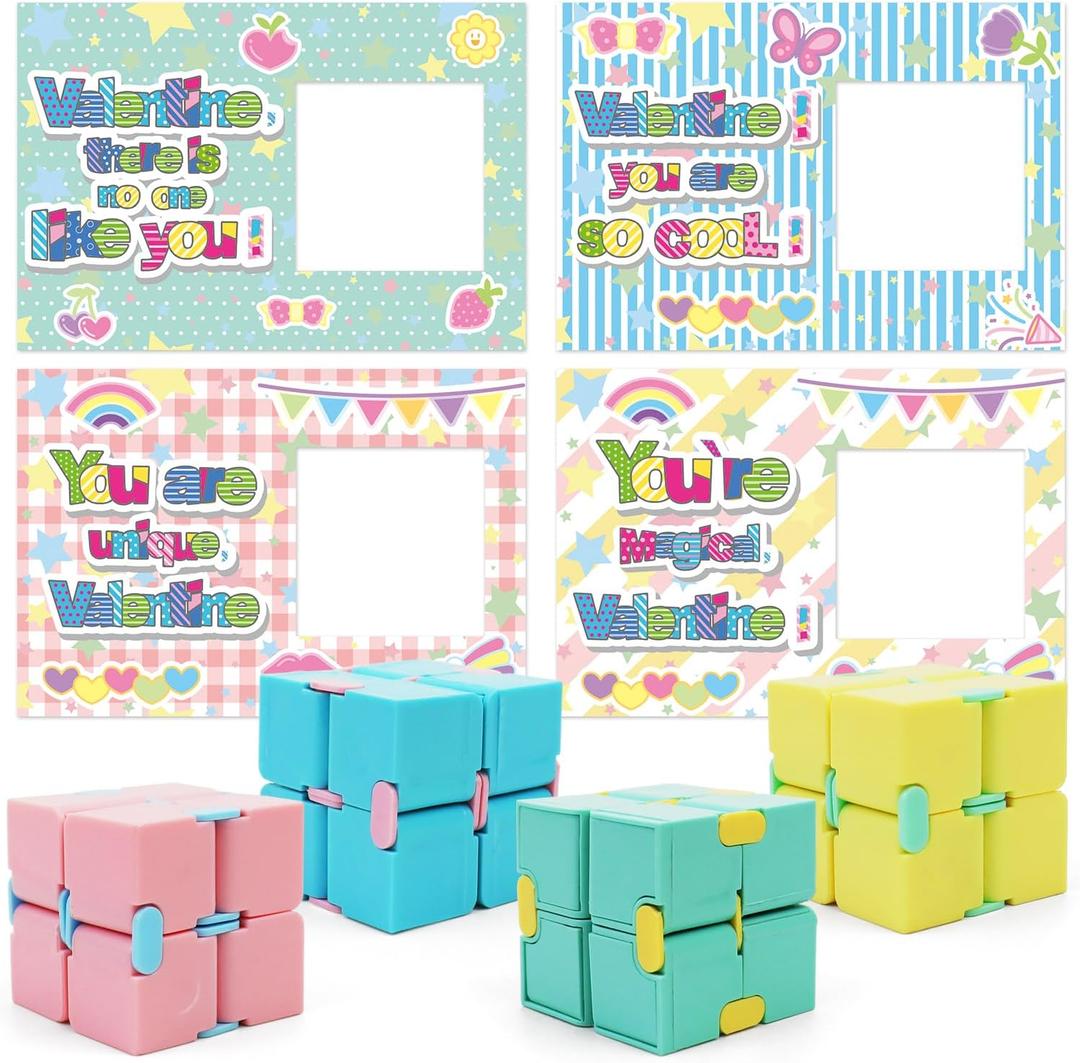 28 Pack Valentines Day Gifts for Kids, 4 Color Infinity Cubes with Valentines Gift Cards for Boys Girls School Classroom Exchange Prize, Valentines Party Favors Toys