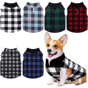 Pedgot 6-Piece Dog & Cat Clothes - Warm Fleece Vests with Leash Ring, Plaid Pullover for Small Dogs & Puppies, Winter Pet Clothes