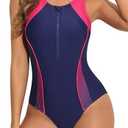 beautyin Women Front Zip One Piece Swimsuit Athletic Racerback Lap Bathing Suit, Medium