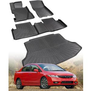Floor Mats for Honda Civic: 2006-2011 (Gas Sedan) All Weather Rubber Car Accessories, TPE Black Full Coverage Cargo Liner & Carpets Front Rear Custom Fit for Civic 4-Door 2011 2010 2009 2008 2007 2006