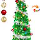 5 Ft Pop Up Christmas Tree with Lights Timer, Collapsible Tinsel Christmas Tree with 50 Warm White&Color Changing Lights 8 Modes and Balls Ornaments 3D Star Sequins for Home Holiday Party Indoor Decor (Green Silver)