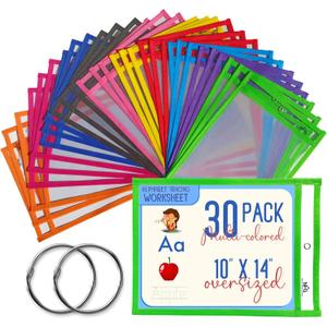 30 Packs Oversized Dry Erase Pockets Sleeves - 10 Assorted Colors with 2 Binder Rings - Dry Erase Sheets Reusable - 10x14 Ticket Holders - Clear Plastic Sheet Protectors for Classroom Teacher Supplies