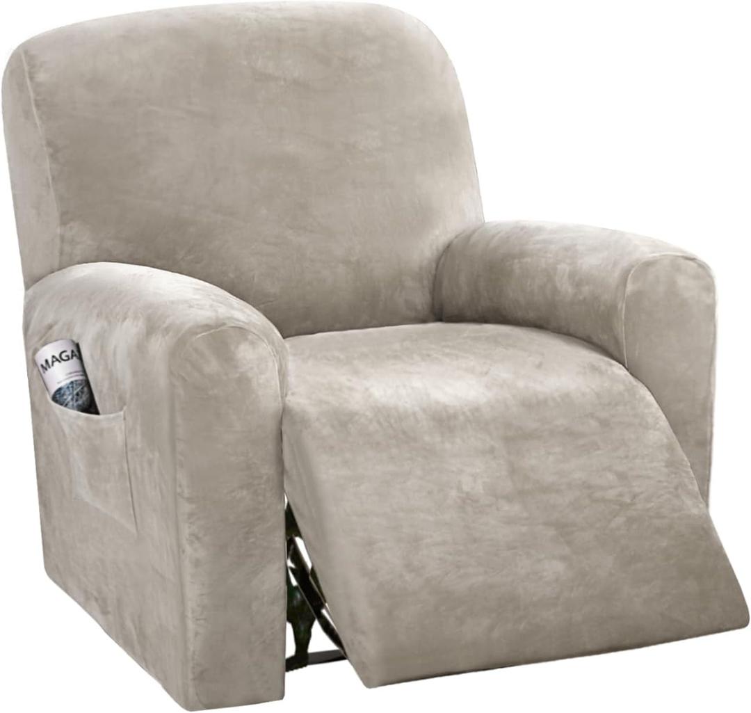 H.VERSAILTEX Velvet Stretch Recliner Couch Covers 4-Pieces Style Recliner Chair Covers Recliner Cover for Reclining Chair Slipcovers Feature Non Slip Form Fitted Thick Soft Washable, French Oak