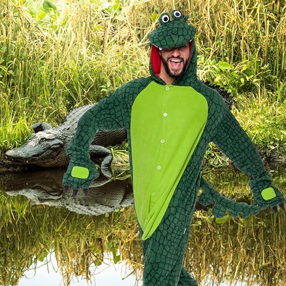 Funziez! Crocodile Alligator Adult Onesie - Dinosaur Halloween Costume - Animal One Piece Cosplay Suit for Women and Men , S