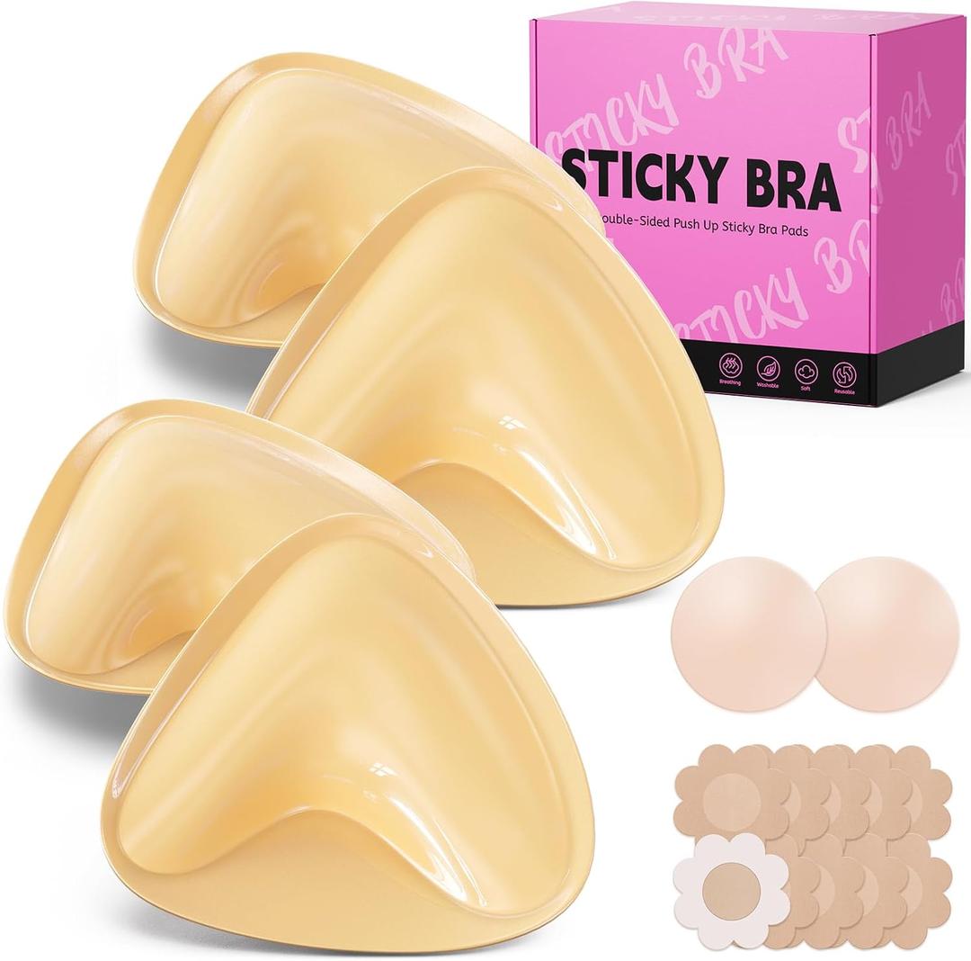 Mearter Ultra Push up Sticky Bra Pads Inserts | Double Sided Adhesive Bra Inserts | Stick on Bra for Sports Bra Swimsuit (Large, Beige, 2PCS)