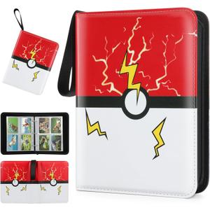 Card Binder 4 Pocket, Trading Card Holder Collector Album Fits 400 Cards with 50 Removable Sleeves Compatible with Pokemon Cards Game Sports Card Case Book With Zipper for Gifts Red