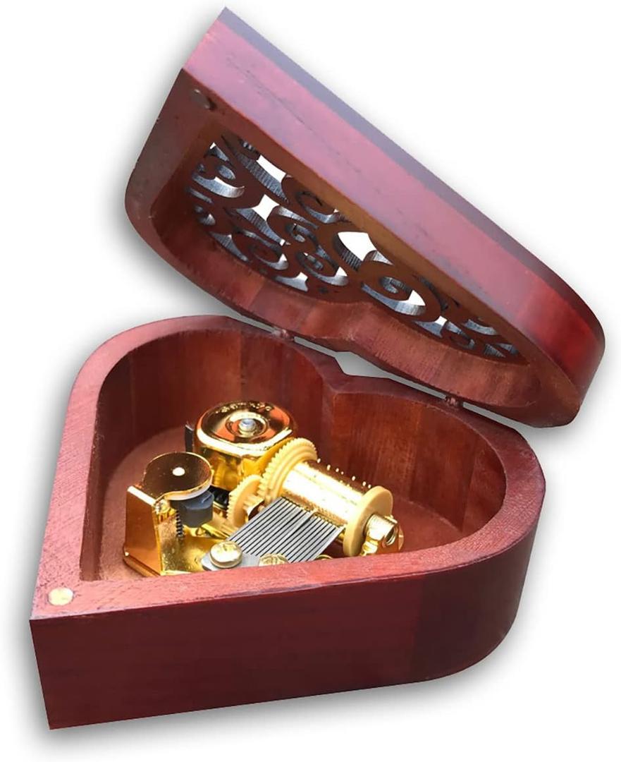 BinkeGG Play (Unchained Melody) Brown Wooden Heart Shape Hollow Out Music Box with Sankyo Musical Movement (65 Tunes Option)