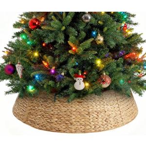 Sweetcrispy 42inch Christmas Tree Collar for 9-12ft Trees, Woven Hyacinth Rattan 4-Panel Collar w/Cord Access Hole & Easy Lock Design, Natural