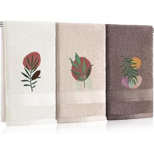 3 Pack Boho Leaves Hand Towels for Bathroom 100% Cotton Embroidered Bathroom Towels 13.78 x 29.53 Inch Beach Hand Towels Absorbent Soft Cotton Towel, (Beige, Bohemian Style)