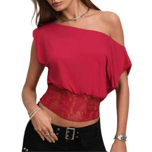 CSDAJIO Women's Summer Cap Sleeve Off The Shoulder Lace Top Asymmetrical Dolman Tee Boat Neck T Shirt (Red, M)