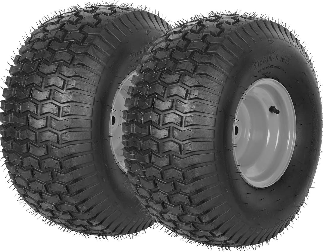 AR-PRO 20x8.00-8 Rear Tire and Wheel Assemblies for Riding Lawn Mowers - 3/4" Borehole, 3.5" Offset Hub and 3/16" Keyway, 4 Ply Tubeless, 965lbs Capacity (Set of 2) (Silver)