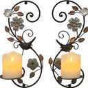 Farmhouse Wall Candle Sconces Set of 2 - Distressed Candle Holder Wall Mounted for Pillar - Vintage Metal Decor with Flower Leaves for Hallway Fireplace Bedroom Living Room