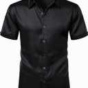 ZEROYAA Men's Hipster Shiny Silk Satin Shirt Regular Fit Short Sleeve Casual Button Down Dress Shirts for Summer Party (Medium, Black)