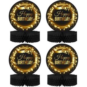 Happy Birthday Table Decoration Centerpieces - (4 Pack, Black & Rose Gold), Double-Sided Happy Birthday Centerpieces for Tables - Party Supplies for Elegant Birthday Decorations by PixiPy