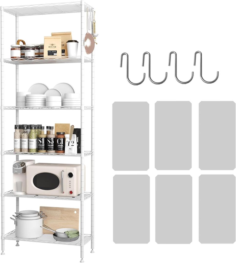 HOMEFORT 6-Shelving Unit, Adjustable Wire Shelving, Metal Wire Shelf with Shelf Liners and Hooks for Kitchen, Closet, Bathroom, Laundry, White, 21" W x 11" D x 69" H