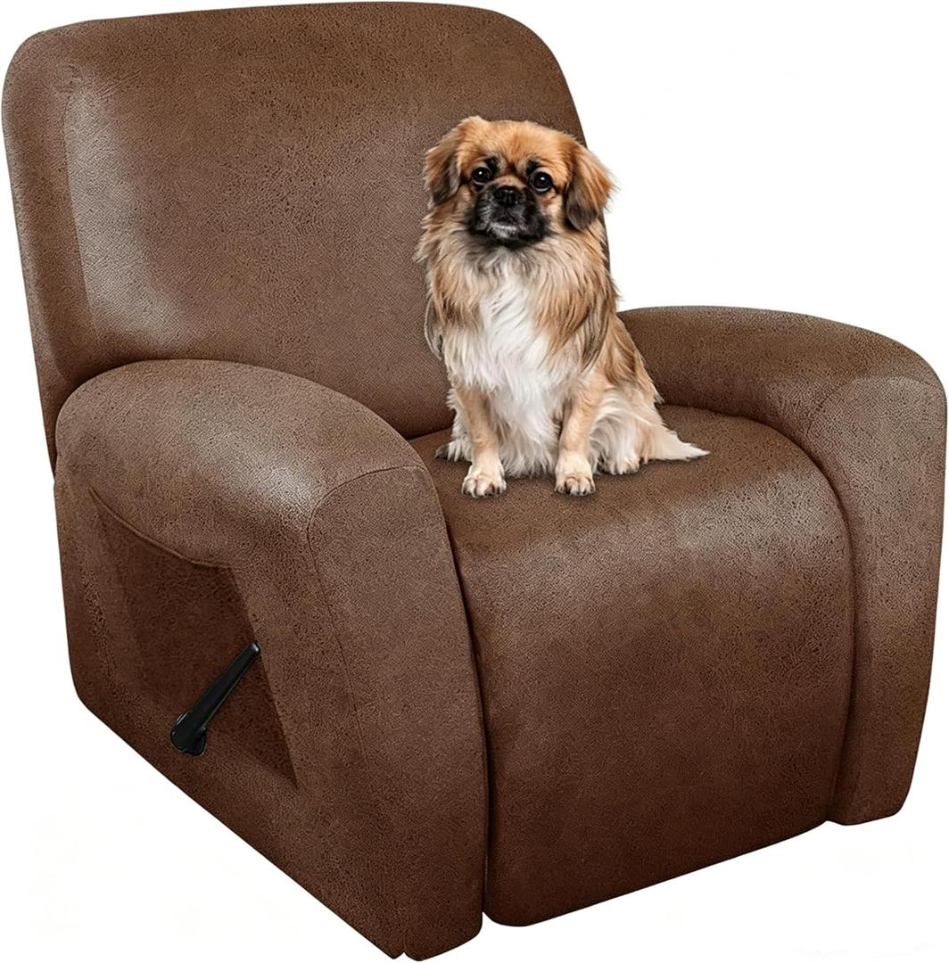 ANARACHON Recliner Chair Covers Leather Like, 4 Pieces Recliner Cover, Furniture Protector - Washable Soft Sofa Slipcover for Pets Kids (Brown) (1 Seater)