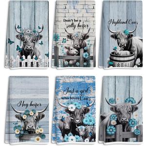 Set of 6 Highland Cattle Kitchen Towels, Highland Cow Themed Dish Towels, Absorbent Farm Cattle Watercolor Floral Tea Towel for Women Friend Sister Coworker Birthday Christmas