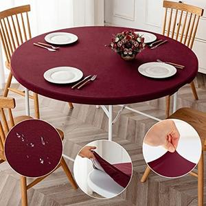 ManMengJi Fitted Round Table Cloth Burgundy, Anti-Tear Wipeable Elastic Tablecloth 2 PCS, Machine Washable Cover for Outdoor/Indoor Use, Fits Tables up to 32" - 36" Diameter