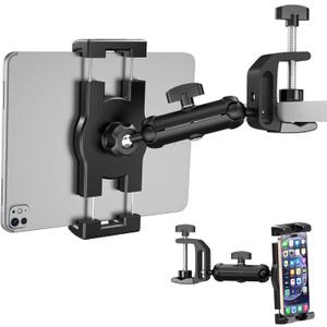 iPad Under Cabinet Mount, Kitchen Tablet Mount Holder, iPad Desk Mount w/Clamp, Aluminum Base&Metal Arm, 360 Rotation, Compatible with 4.7"-12.9" iPad Pro/Air/Mini/Kindles/Galaxy Tab/Phones