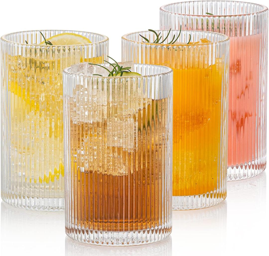 POLIDREAM Vintage Ribbed Glassware Set: 4pcs 16.9oz XL Drinking Glasses, Fluted Ripple Drinkware, Origami Style, Elegant Glassware for Whiskey, Cocktail, Iced Coffee, Juice, Beer, Soda