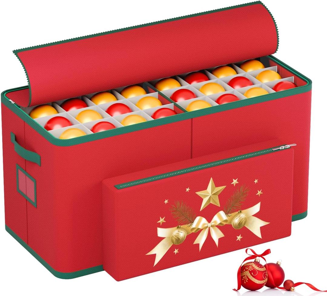 MODFUNS Christmas Ornament Storage Box 128 Ornaments Christmas Ornament Storage 600D Oxford Fabric Christmas Storage Box with Dual Zippers and Outter Pocket Large Organizer Bin for Xmas Decorations (Red)