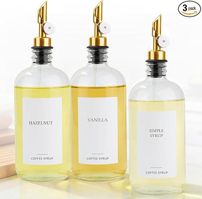 Ezebesta Set of 3 Coffee Syrup Glass Dispenser Bottles 16.23oz Pump Bottles with 20 Labels for Coffee Bar Organization