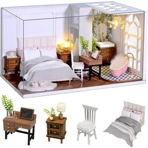 CUTEROOM DIY Doll Room Miniature Furniture Wooden House Kit - Wooden Dolls House Kit with Dust Cover & LED Light and Accessories - QT Series Dollhouse (QT011)