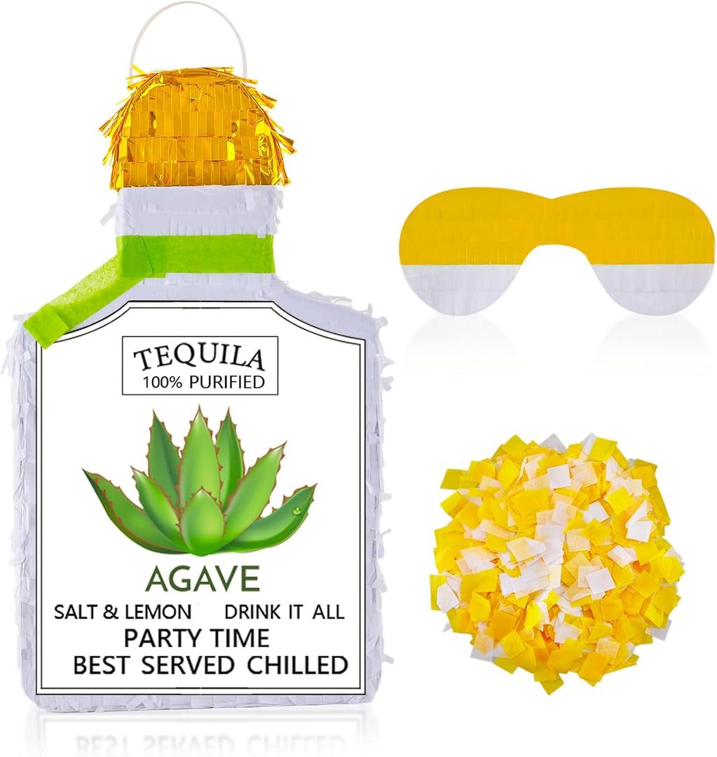 Lewtemi White Bottle Piata with Stick Blindfold and Confetti 15.7 x 10.5 Large Pinata for Adult Party Centerpiece Decorations, Photo Prop, Bachelor, 21st Birthday, Funny Anniversary Favors