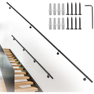 10Ft Industrial Metal Stairs Handrail Kit, Sturdy Wall Mount Aluminum Hand Rail, Indoor Outdoor Stair Railing Wood Concrete Brick Wall,1.5 in Round Pipe Grab Bar, Matte Black-10FT