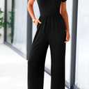 PRETTYGARDEN Women's Summer One Piece Jumpsuits Dressy Casual Short Sleeve Square Neck Wide Leg Rompers Travel Outfit Clothes (Black) L