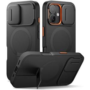 SURITCH for iPhone 16 Case with Magnetic Camera Slide Cover and Adjustable Kickstand, Compatible with MagSafe, Shockproof Bumper Case Slim Protective Cover 6.1 Inch, Black