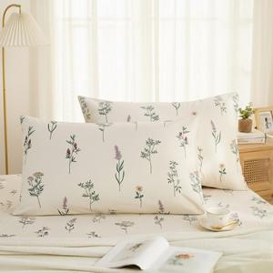Standard Size Pillowcases Set of 2, 100% Cotton Pillow Cases, Cream Floral Cute Pillow Cover, Ultra Soft Breathable Envelope Closure Pillow Case Set (Standard, 20"x26")