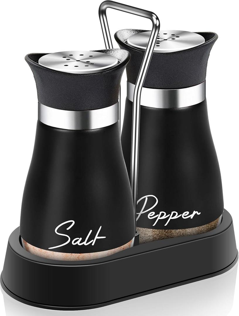 Black Salt and Pepper Shakers Set with Holder,4 oz kitchen accessories and decor for Restaurant, Wedding, Housewarming Gifts Refillable Design (Black)