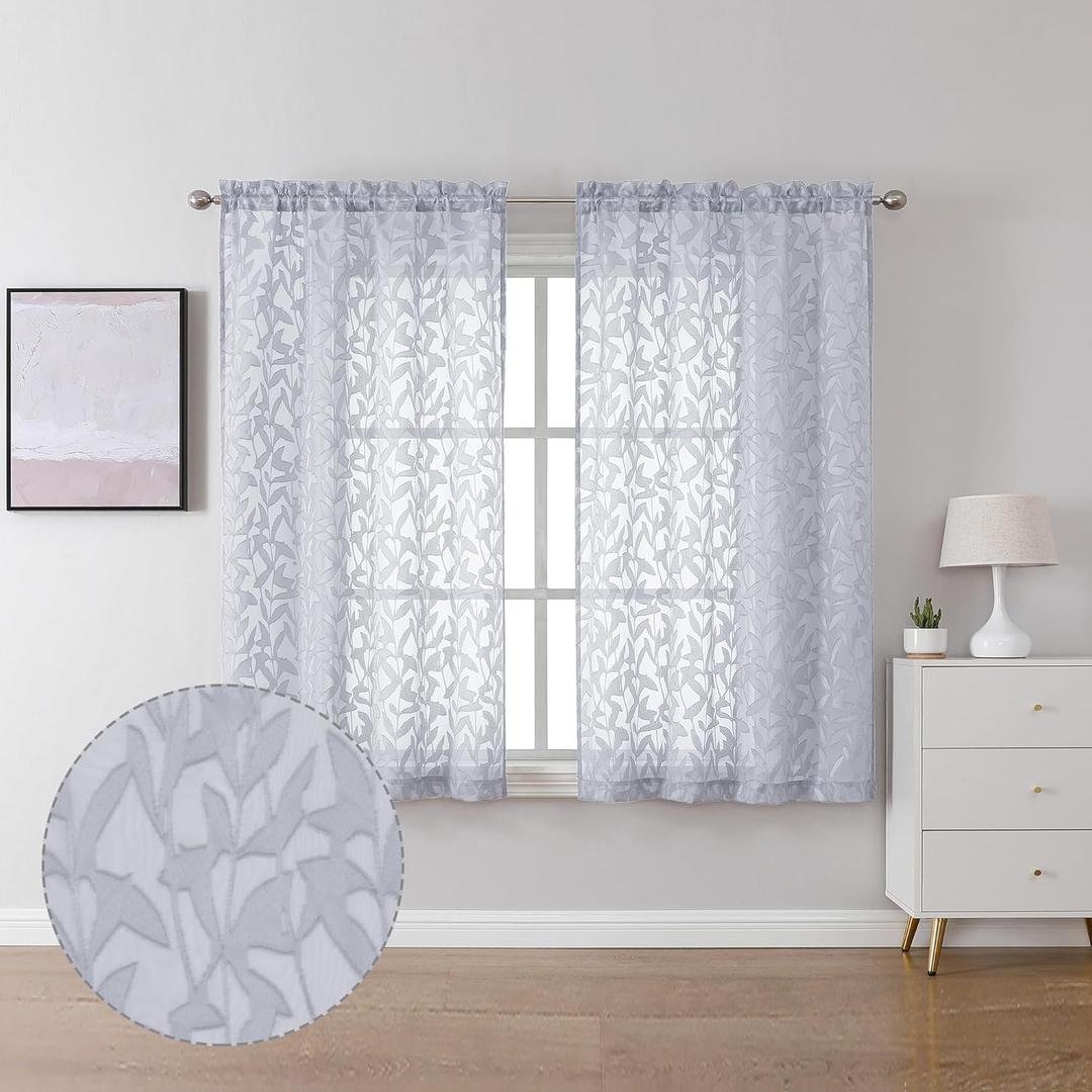 Lecloud Leia Light Grey Semi Sheer Curtains 45 Inch Length 2 Panels, Jacquard Textured Balance Light & Privacy Leaf Voile Curtains for Living Room, Dual Rod Pockets Bedroom Drapes, 40 W x 45 L