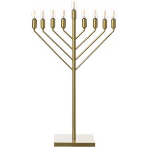 Large Modern Antique Gold Nine Branch Electric Chabad Style Hanukkah Menorah with Flame Shaped LED Bulbs