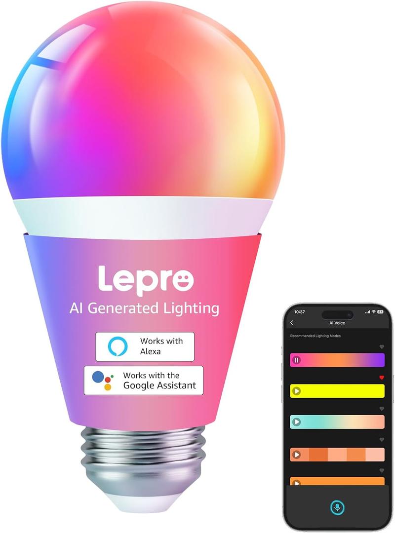 Lepro B1 AI Smart Light Bulbs - WiFi & Bluetooth RGBWW Color Changing LED Bulb Works with Alexa & Google Assistant, Personalized Al Lighting Designer, AI Voice Control, Music Sync, 2.4GHz Only, 1 Pack