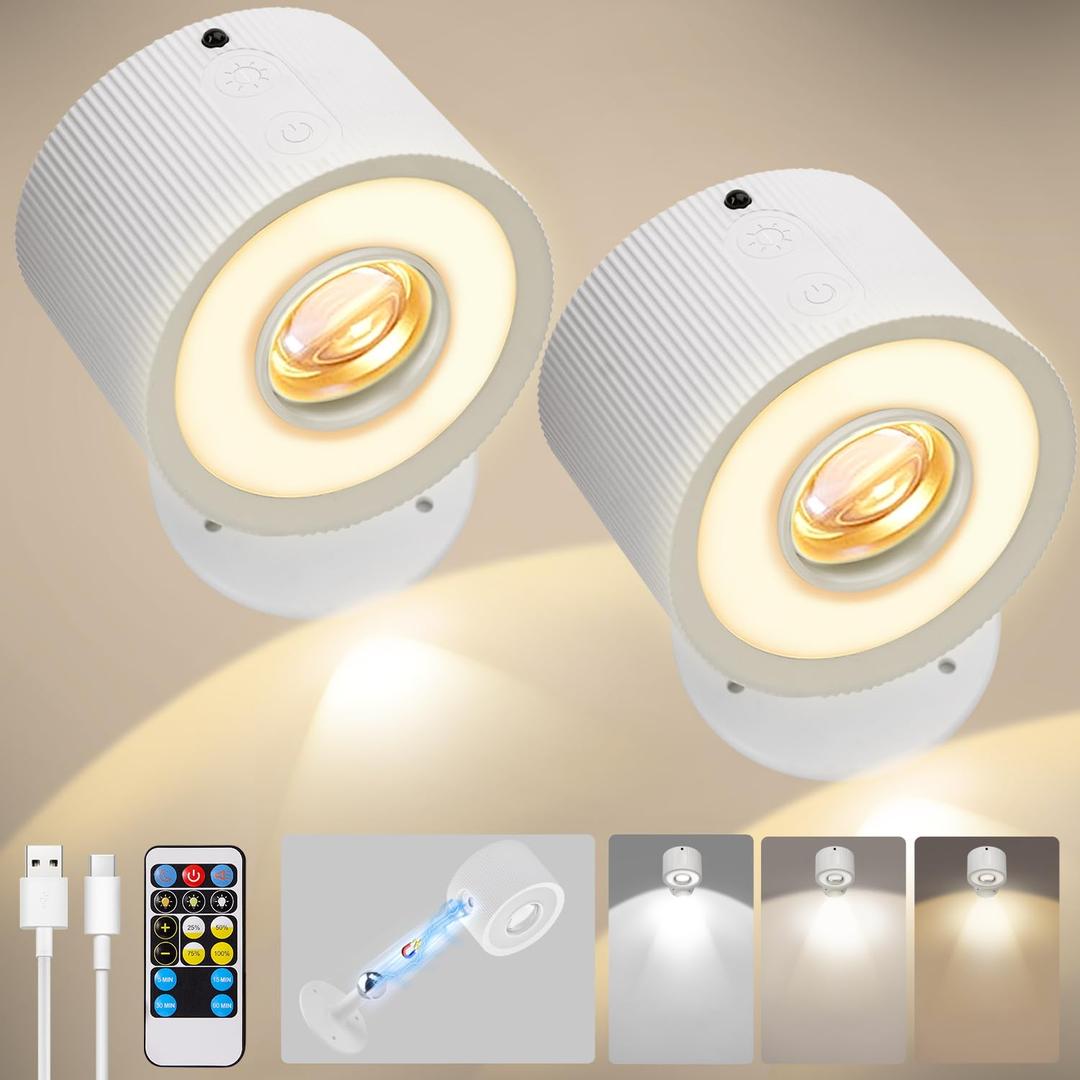 LED Wall Mounted Lights 2 Psc with Remote, 3000mAh Rechargeable Battery Operated Wall Sconces, 3 Lighting Modes & Dimmable, 360°Rotate Cordless Wall Light for Bedroom Bedside Reading Study(Burlywood)