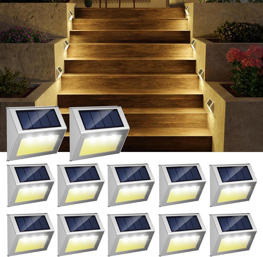JSOT 12 Pack Solar Lights Outdoor Waterproof for Stairs Decor, Solar Deck Lights Stainless Steel Step Fence Patio Post Wall Lamp for Garden Pathway Walkway LED Lamp Light [Warm Light]